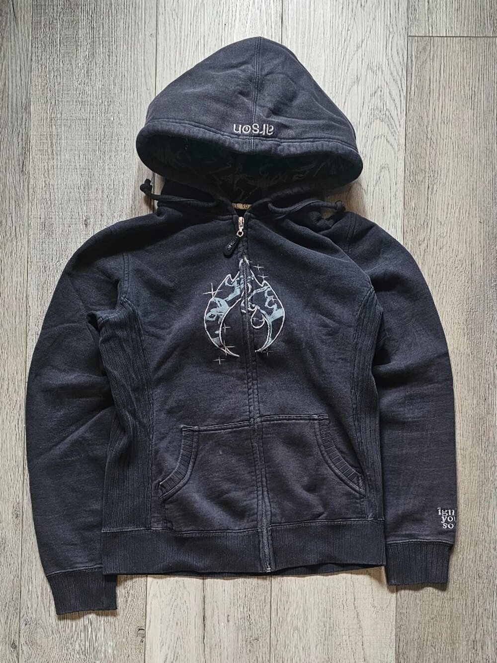 Vintage Arson Y2K Full Zip Graphic Hoodie Sweatshirt Dark Gray Womens Small